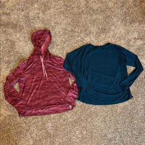 Burgundy Camo Hoodie and Teal Long Sleeve Shirt